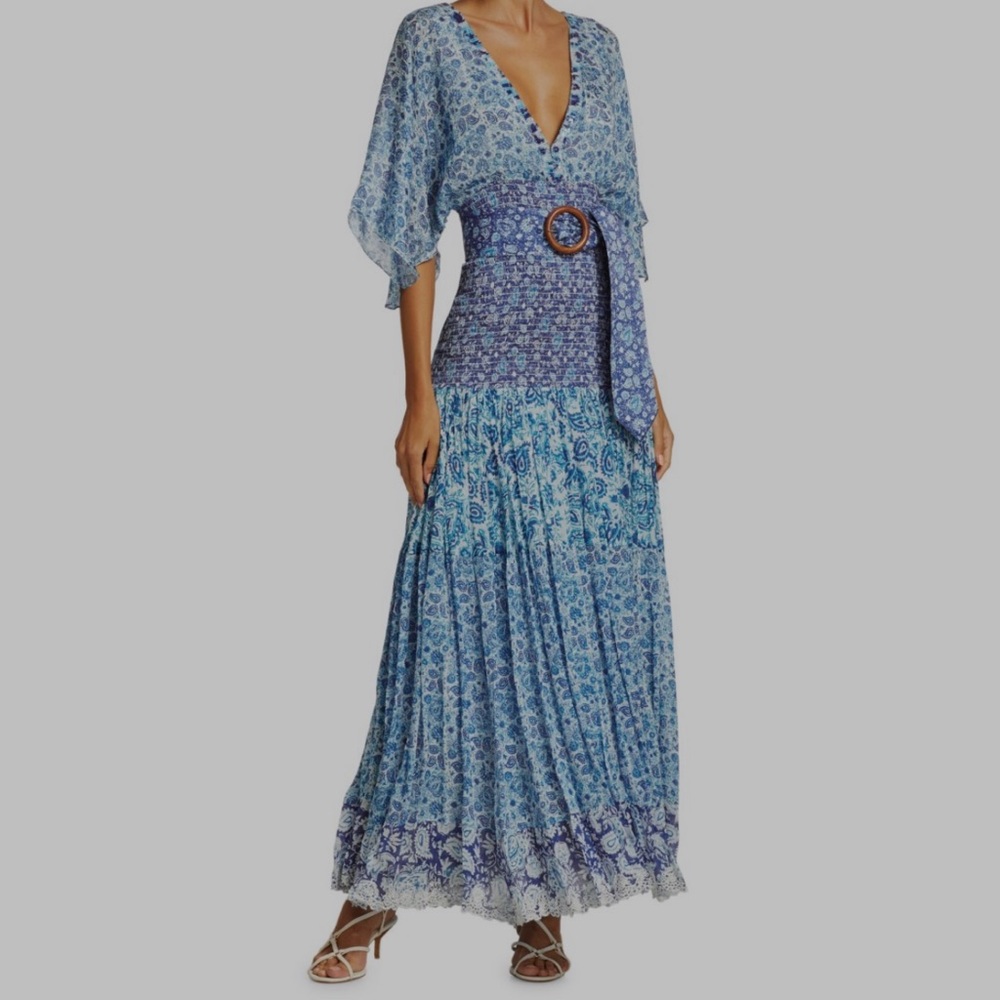 Hemant & Nandita Paisley Kimono-Sleeve Belted Drop-Waist Pleated Dress